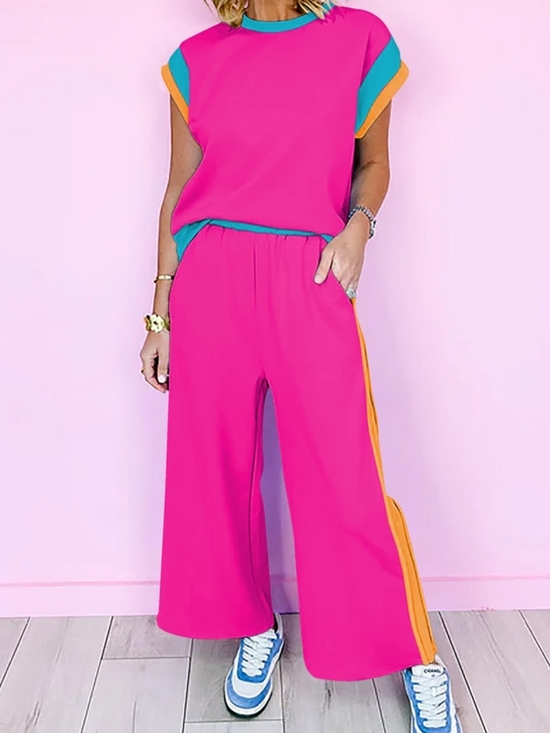 Pants - Bright Pink Wide-Leg Lounge Pants Set with Orange Side Stripe